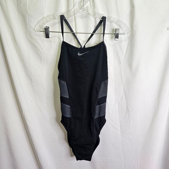 Nike Hydrastrong Black Color Block Racerback One Piece Swimsuit Size 6 - Picture 1 of 10
